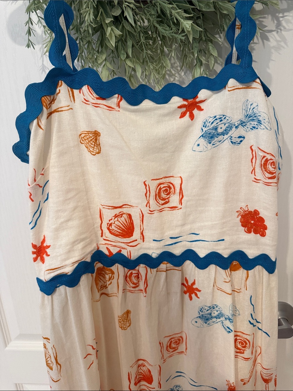 CeCe Cream Maxi Dress with Blue Trim and Orange Print - Picture 2 of 6
